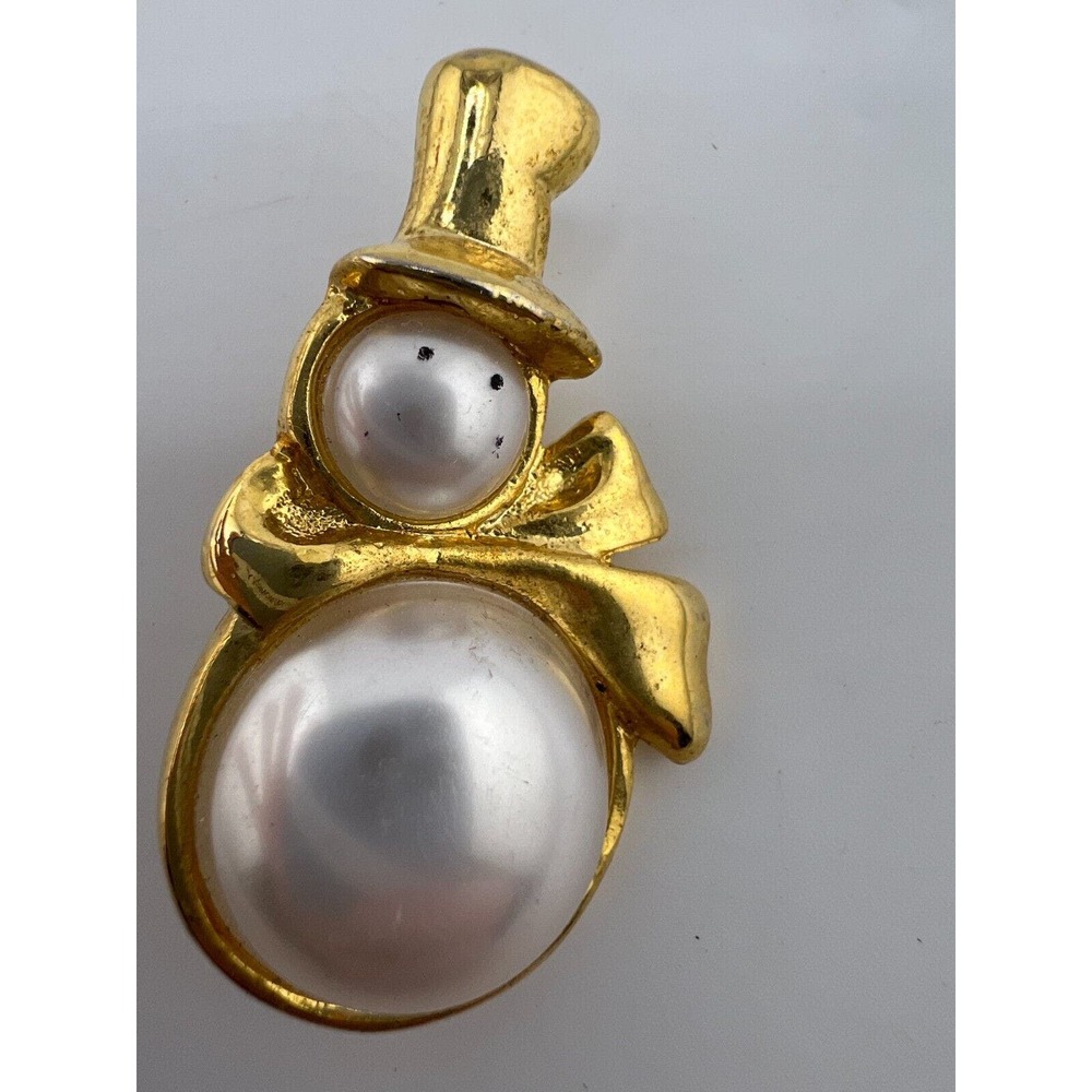 Vintage Snowman Faux Pearls Gold Hat Ribbon Brooch‎ Pin